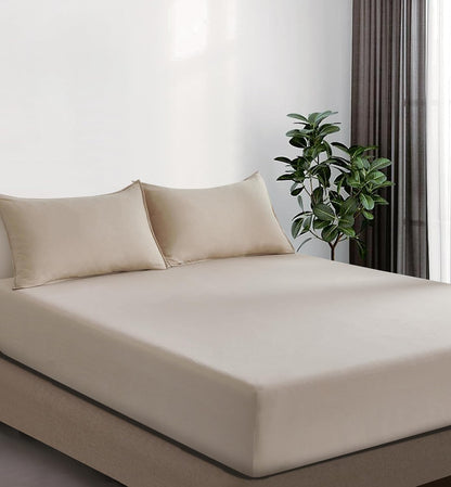 100% Vintage Washed Microfibre Fitted Sheet Set – Ultra Soft & Lightweight All-Season Fitted Sheet with 2 Pillowcases (Linen, Double Size)