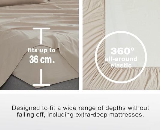 100% Vintage Washed Microfibre Fitted Sheet Set – Ultra Soft & Lightweight All-Season Fitted Sheet with 2 Pillowcases (Linen, Double Size)