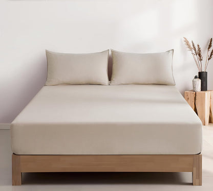 100% Vintage Washed Microfibre Fitted Sheet Set – Ultra Soft & Lightweight All-Season Fitted Sheet with 2 Pillowcases (Linen, Double Size)