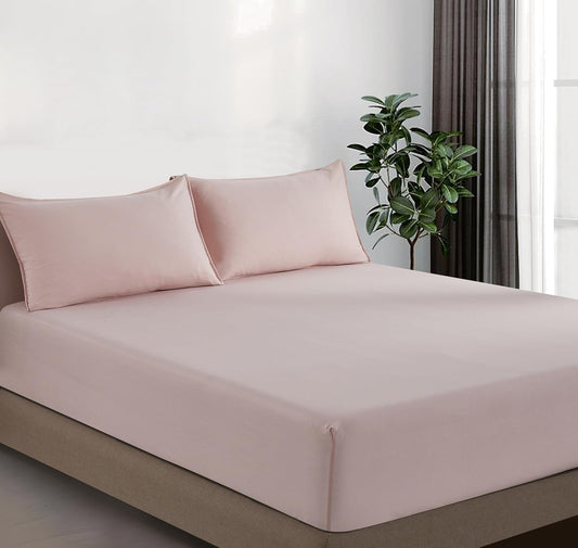 100% Vintage Washed Microfibre Fitted Sheet Set – Ultra Soft & Lightweight All-Season Fitted Sheet with 2 Pillowcases (Pink, Double Size)