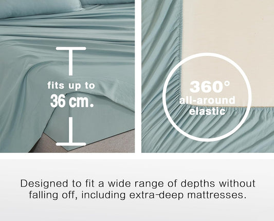 100% Vintage Washed Microfibre Fitted Sheet Set – Ultra Soft & Lightweight All-Season Fitted Sheet with 2 Pillowcases (Seafoam, DoubleSize)