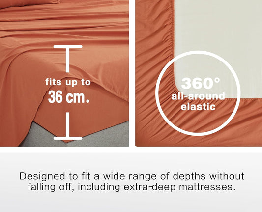 100% Vintage Washed Microfibre Fitted Sheet Set – Ultra Soft & Lightweight All-Season Fitted Sheet with 2 Pillowcases (Terracotta, Double Size)