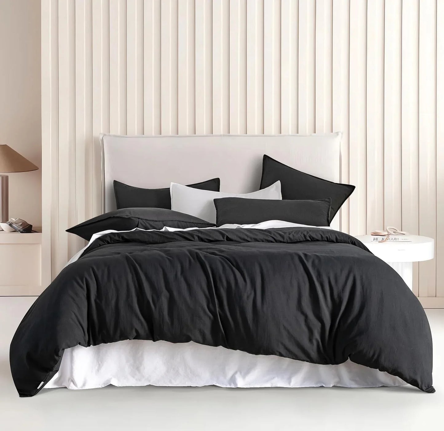 Vintage Washed Microfibre Quilt Cover Set (3Pcs) - Black - Double Size - Mekamart Australia