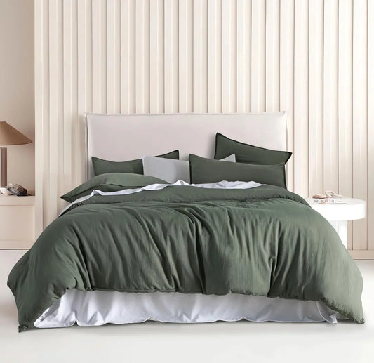 Vintage Washed Microfibre Quilt Cover Set (3Pcs) - Khaki Green - Double Size - Mekamart Australia
