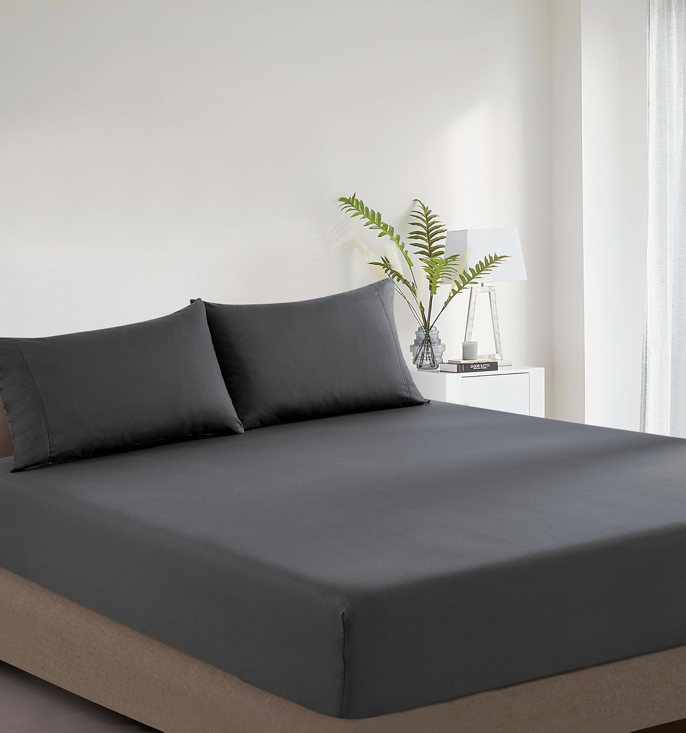 100% Vintage Washed Cotton Fitted Sheet Combo Set – 100% Natural Cotton, Ultra Soft & Breathable – Includes Fitted Sheet & Pillowcases – Machine Washable (Charcoal, Queen)