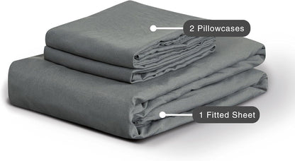 100% Vintage Washed Microfibre Fitted Sheet Set – Ultra Soft & Lightweight All-Season Fitted Sheet with 2 Pillowcases (Grey, Queen Size)