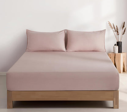 100% Vintage Washed Microfibre Fitted Sheet Set – Ultra Soft & Lightweight All-Season Fitted Sheet with 2 Pillowcases (Pink, Queen Size)