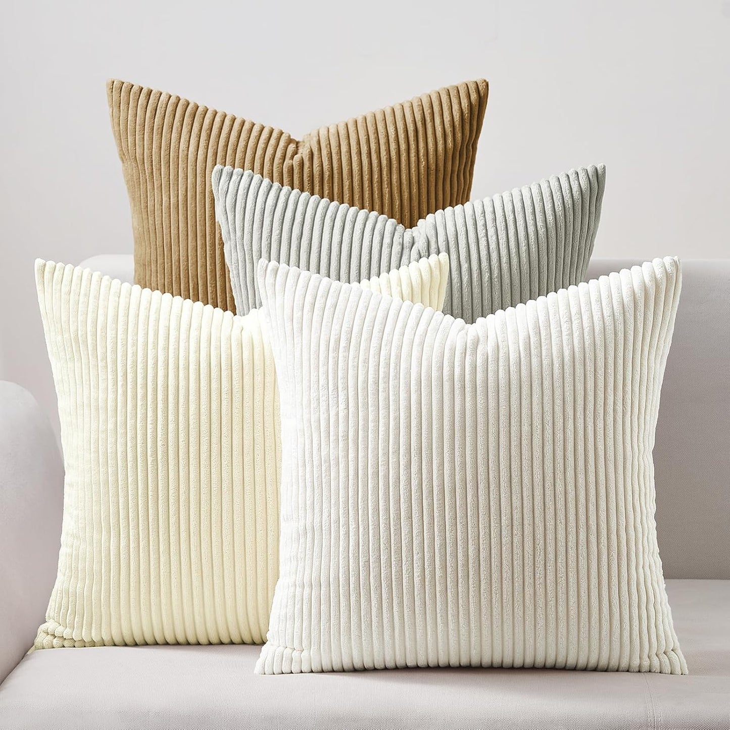 Corduroy Velvet Cushion Covers - Soft Velvet Fabric with Hidden Zipper - Stylish Mix of Beige Shades, 45cm x 45cm (Pack of 4)