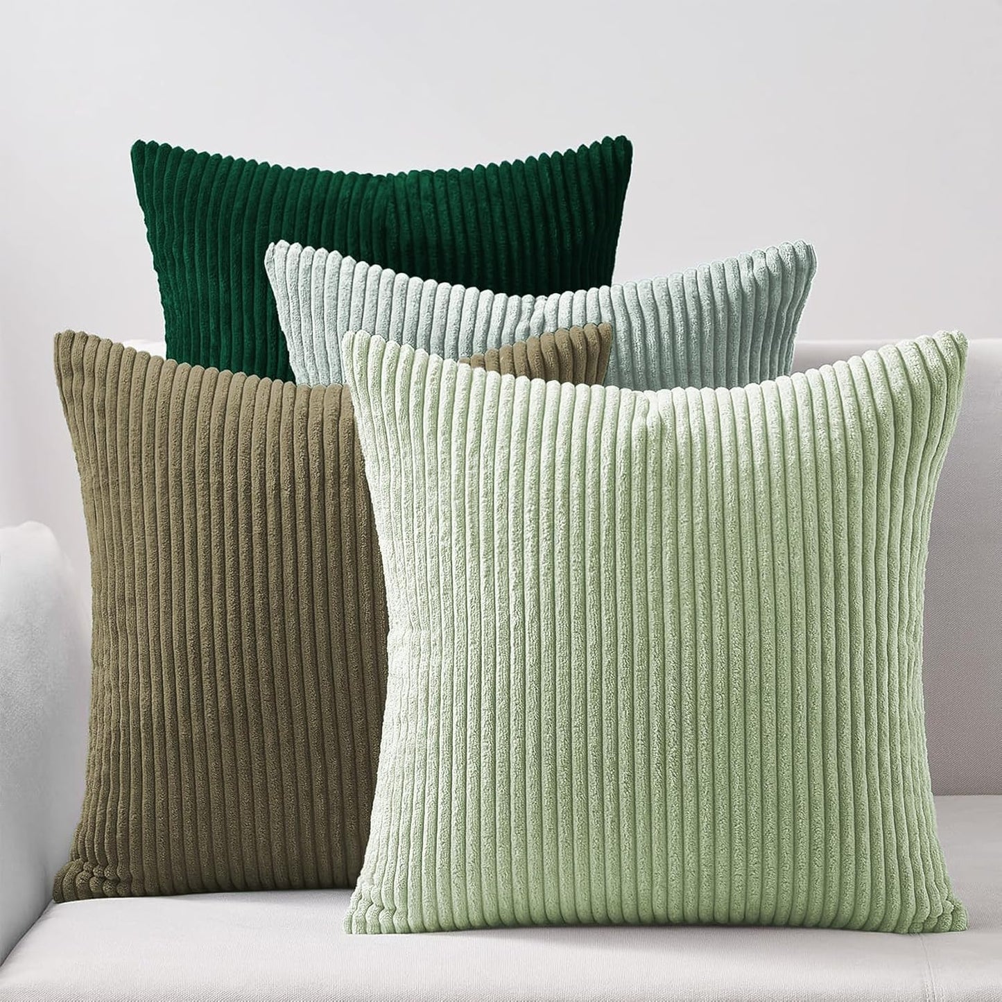 Corduroy Velvet Cushion Covers - Soft Velvet Fabric with Hidden Zipper - Stylish Mix of Green Shades, 45cm x 45cm (Pack of 4)