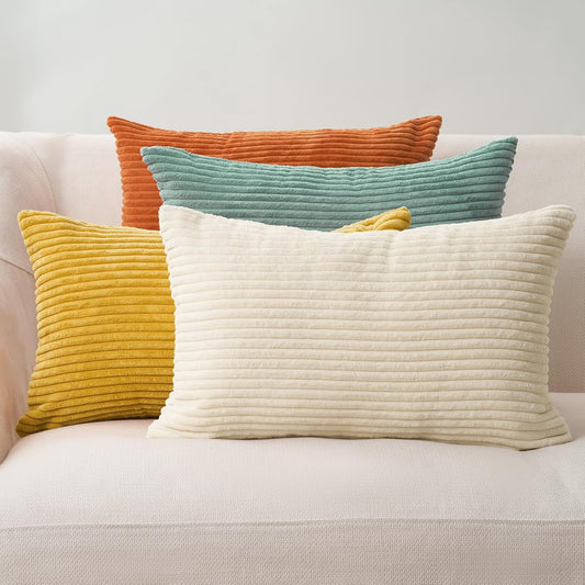 Corduroy Velvet Cushion Covers - Soft Velvet Fabric with Hidden Zipper - Rainbow, 30cm x 50cm (Pack of 4)