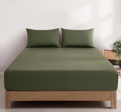 100% Vintage Washed Cotton Fitted Sheet Combo Set – 100% Natural Cotton, Ultra Soft & Breathable – Includes Fitted Sheet & Pillowcases – Machine Washable (Khaki Green, King)