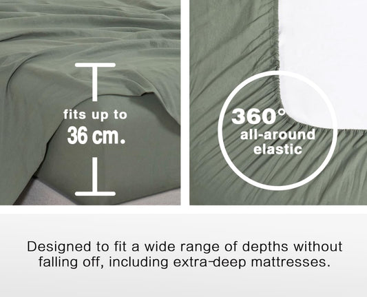 100% Vintage Washed Microfibre Fitted Sheet Set – Ultra Soft & Lightweight All-Season Fitted Sheet with 2 Pillowcases (Khaki Green, King Size)