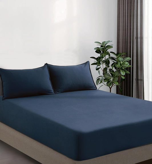 100% Vintage Washed Microfibre Fitted Sheet Set – Ultra Soft & Lightweight All-Season Fitted Sheet with 2 Pillowcases (Navy Blue, King Size)