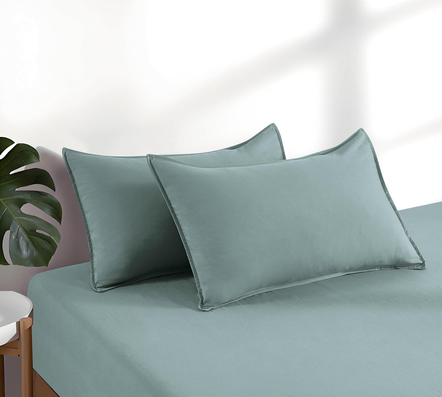 100% Vintage Washed Microfibre Fitted Sheet Set – Ultra Soft & Lightweight All-Season Fitted Sheet with 2 Pillowcases (Seafoam, King Size)