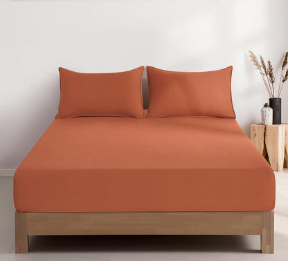 100% Vintage Washed Microfibre Fitted Sheet Set – Ultra Soft & Lightweight All-Season Fitted Sheet with 2 Pillowcases (Terracotta, King Size)