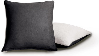 Teddy Sherpa Twin-Pack European Pillowcases - Soft Reversible Velvet & Sherpa Cushion Covers - Machine Washable with Zipper Closure - 65x65cm - Charcoal - Mekamart Australia