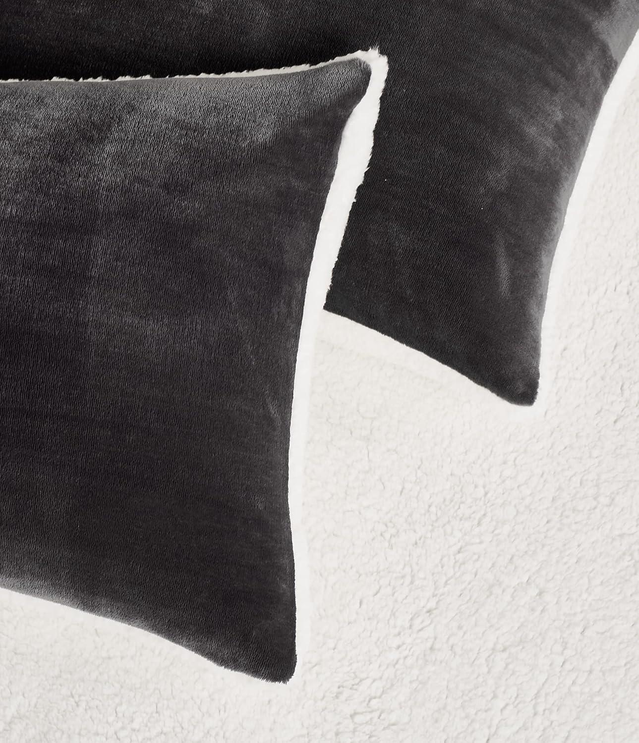 Teddy Sherpa Twin-Pack European Pillowcases - Soft Reversible Velvet & Sherpa Cushion Covers - Machine Washable with Zipper Closure - 65x65cm - Charcoal - Mekamart Australia