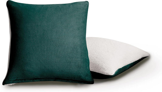 Teddy Sherpa Twin-Pack European Pillowcases - Soft Reversible Velvet & Sherpa Cushion Covers - Machine Washable with Zipper Closure - 65x65cm - Emerald Green - Mekamart Australia