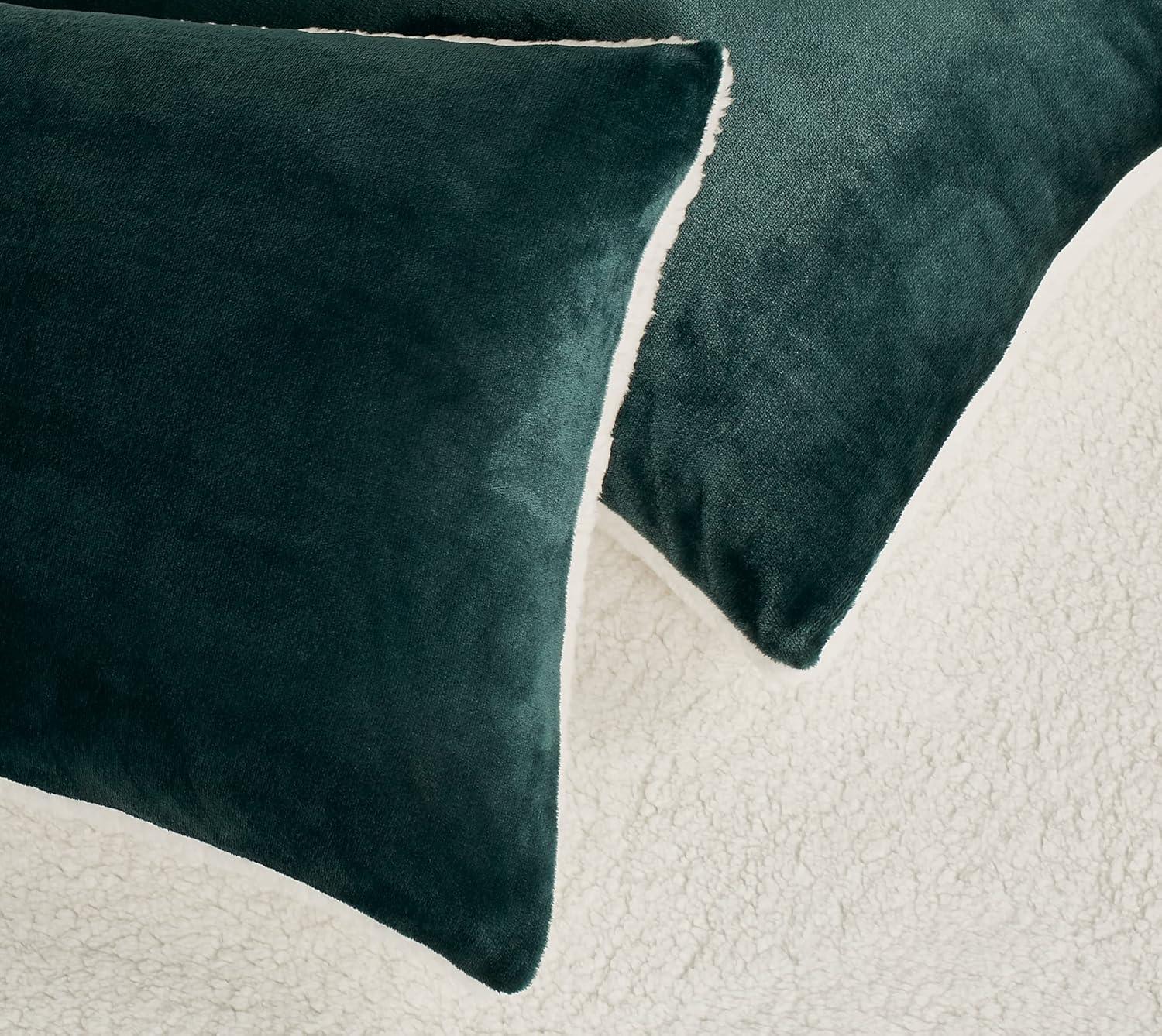 Teddy Sherpa Twin-Pack European Pillowcases - Soft Reversible Velvet & Sherpa Cushion Covers - Machine Washable with Zipper Closure - 65x65cm - Emerald Green - Mekamart Australia