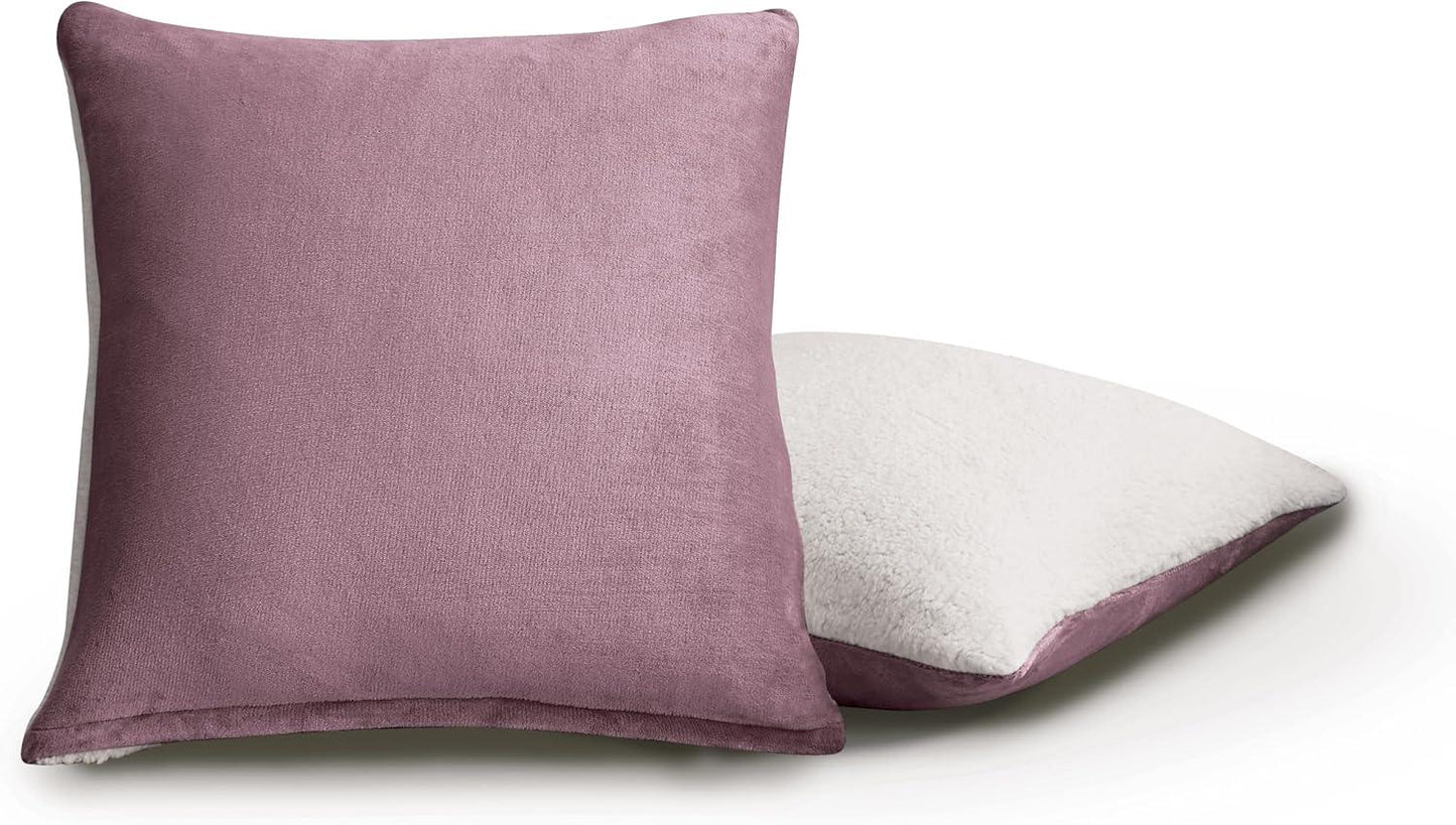 Teddy Sherpa Twin-Pack European Pillowcases - Soft Reversible Velvet & Sherpa Cushion Covers - Machine Washable with Zipper Closure - 65x65cm - Mauve - Mekamart Australia