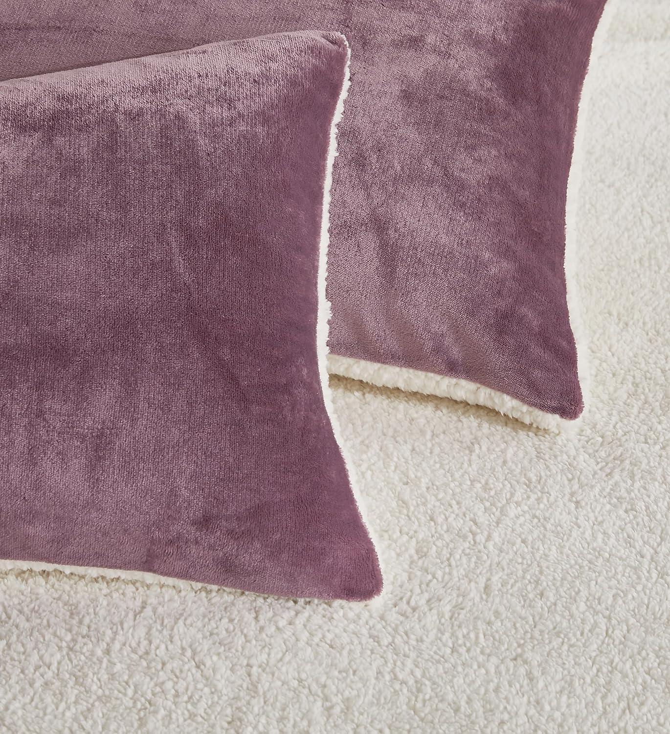 Teddy Sherpa Twin-Pack European Pillowcases - Soft Reversible Velvet & Sherpa Cushion Covers - Machine Washable with Zipper Closure - 65x65cm - Mauve - Mekamart Australia