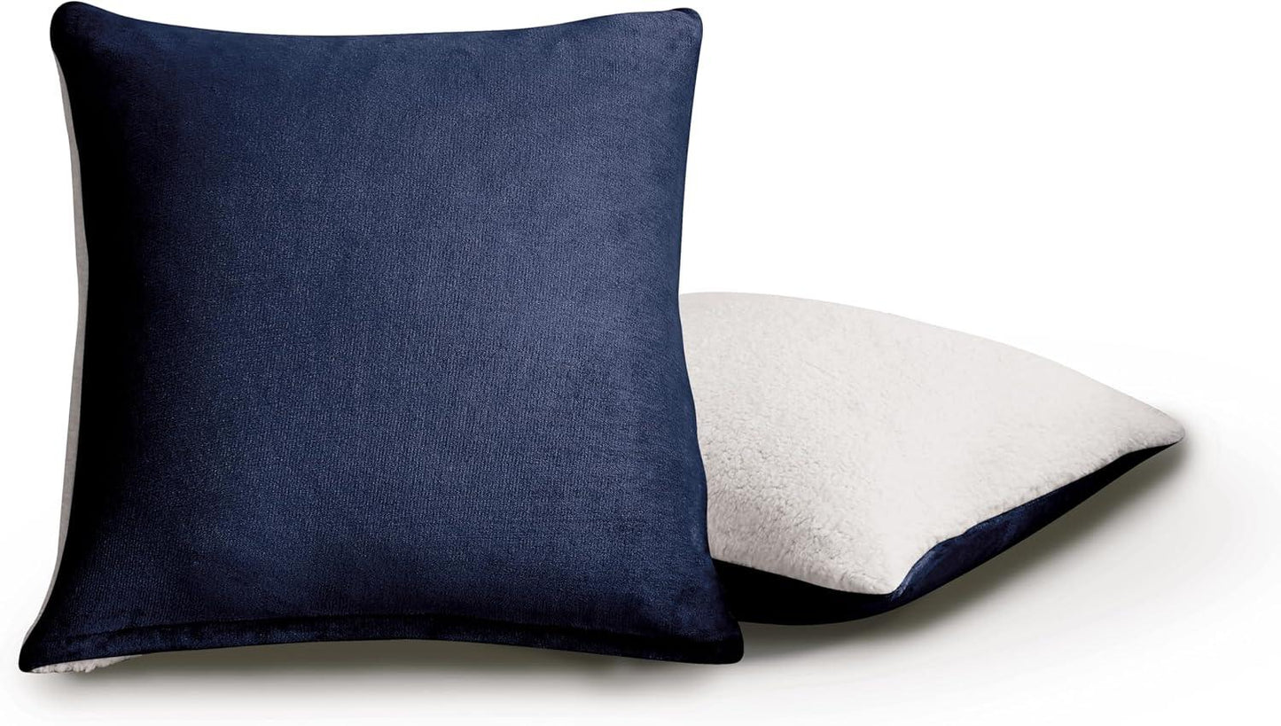 Teddy Sherpa Twin-Pack European Pillowcases - Soft Reversible Velvet & Sherpa Cushion Covers - Machine Washable with Zipper Closure - 65x65cm - Navy Blue - Mekamart Australia