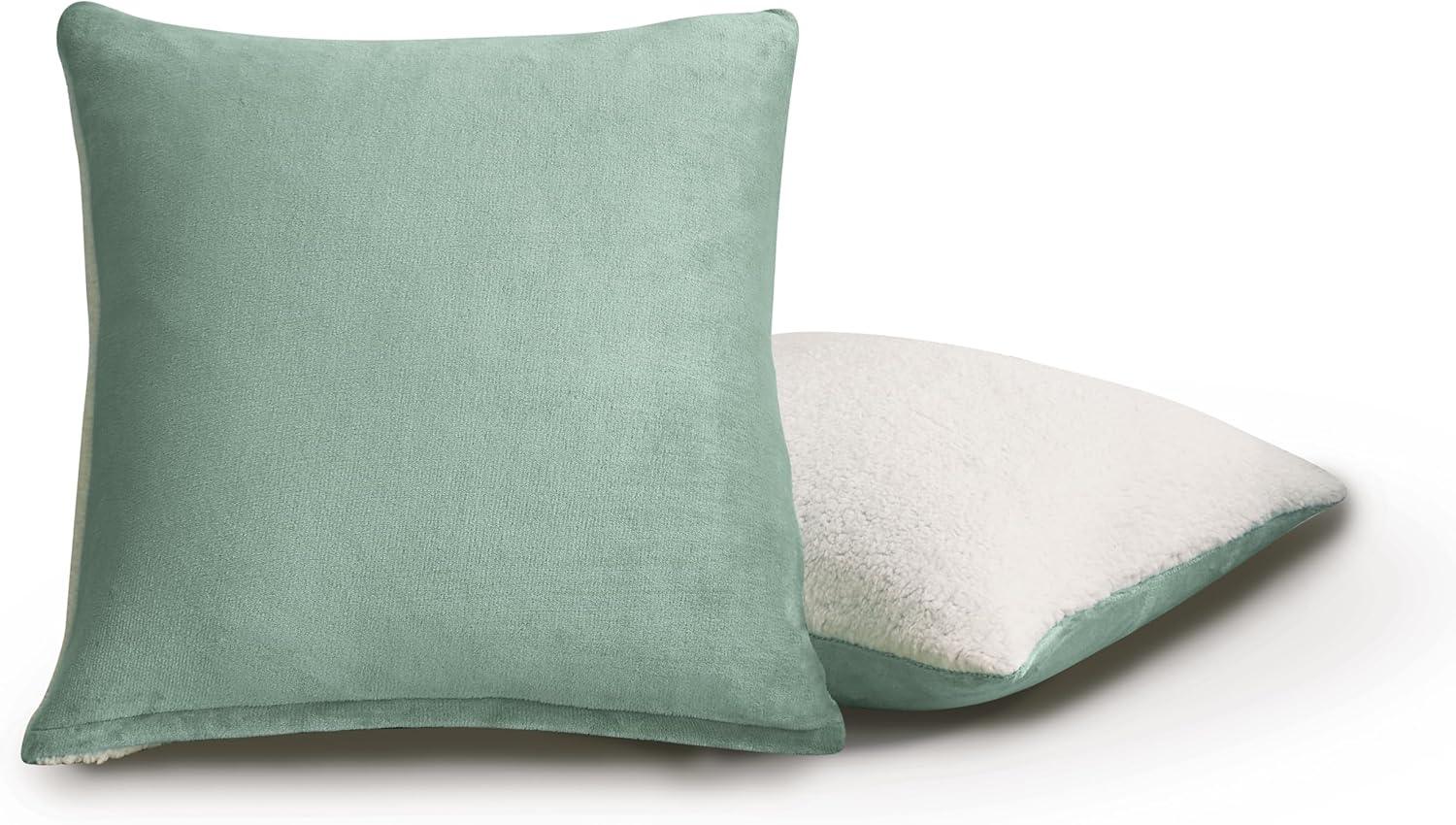 Teddy Sherpa Twin-Pack European Pillowcases - Soft Reversible Velvet & Sherpa Cushion Covers - Machine Washable with Zipper Closure - 65x65cm - Sage Green - Mekamart Australia