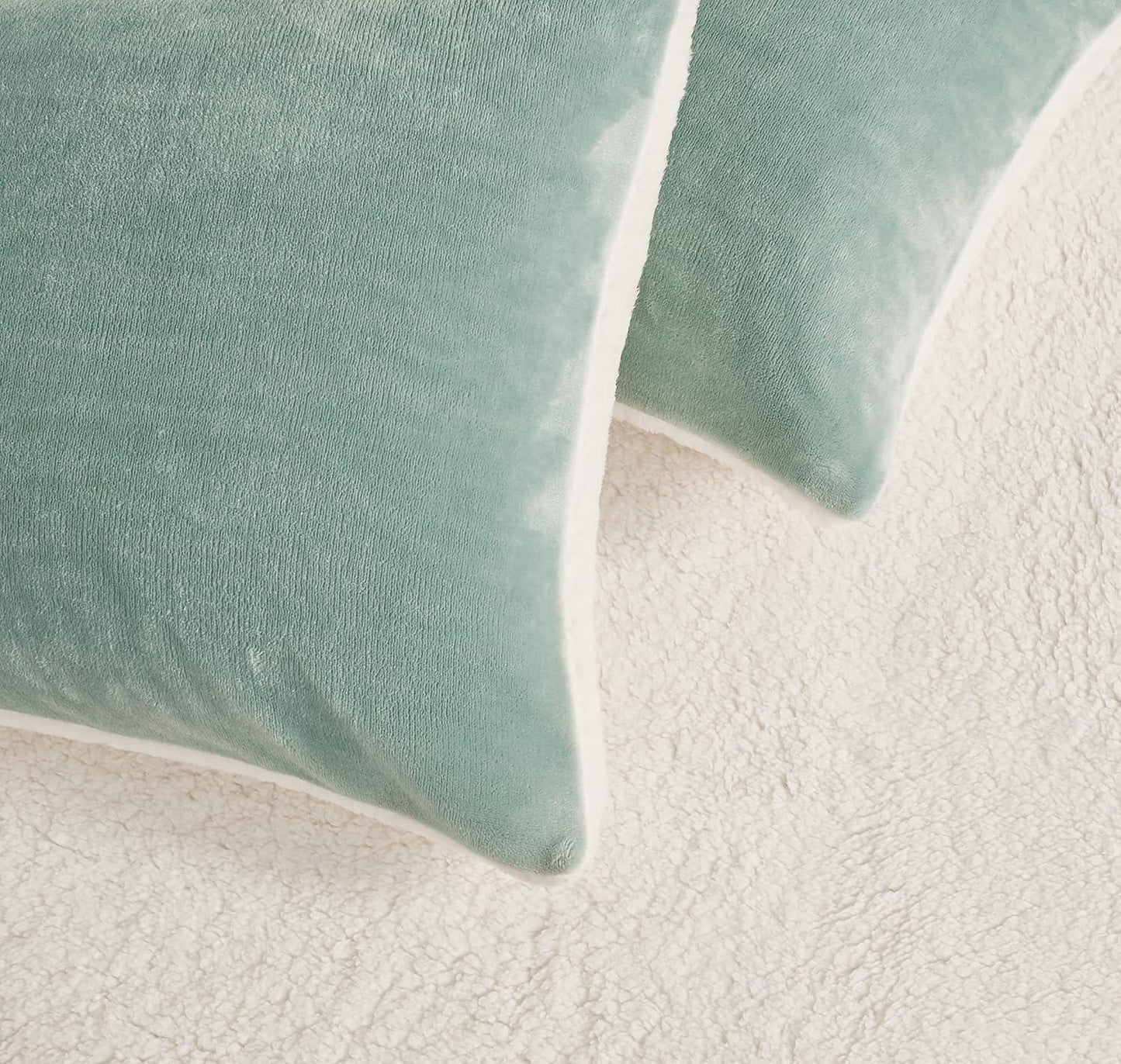 Teddy Sherpa Twin-Pack European Pillowcases - Soft Reversible Velvet & Sherpa Cushion Covers - Machine Washable with Zipper Closure - 65x65cm - Sage Green - Mekamart Australia