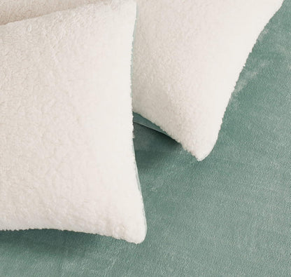 Teddy Sherpa Twin-Pack European Pillowcases - Soft Reversible Velvet & Sherpa Cushion Covers - Machine Washable with Zipper Closure - 65x65cm - Sage Green - Mekamart Australia