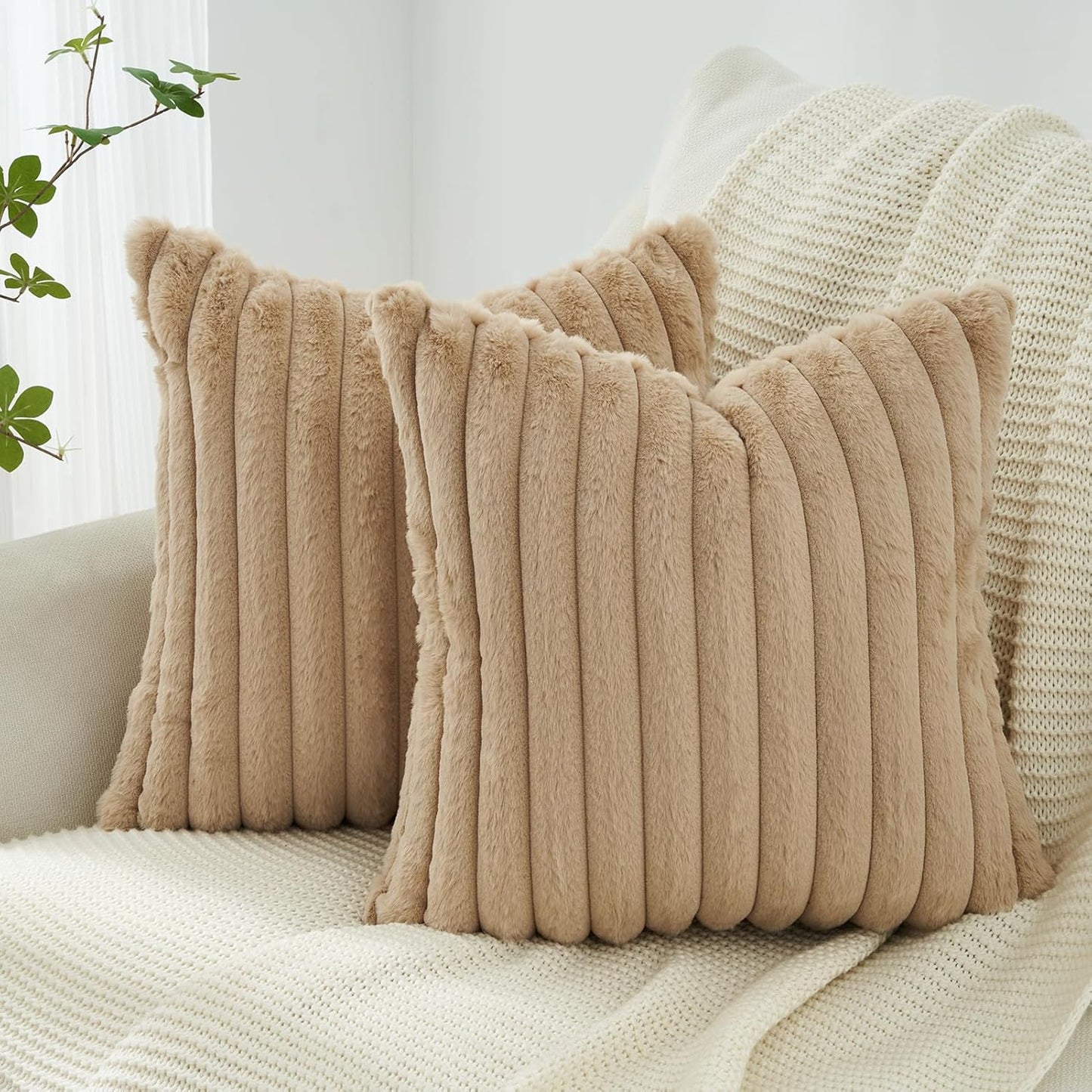 Faux Fur Cushion Covers - Chunky Embossed Flannel with Hidden Zipper - Natural, 45cm x 45cm (Pack of 2)