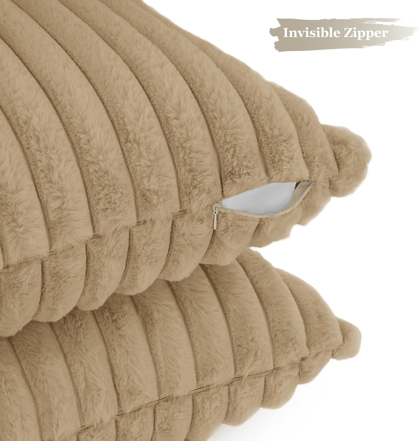 Faux Fur Cushion Covers - Chunky Embossed Flannel with Hidden Zipper - Natural, 45cm x 45cm (Pack of 2)