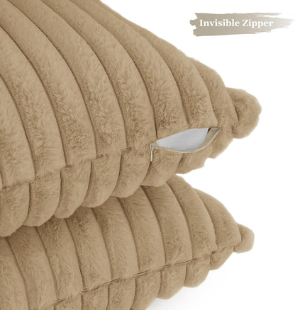 Faux Fur Cushion Covers - Chunky Embossed Flannel with Hidden Zipper - Natural, 45cm x 45cm (Pack of 2)