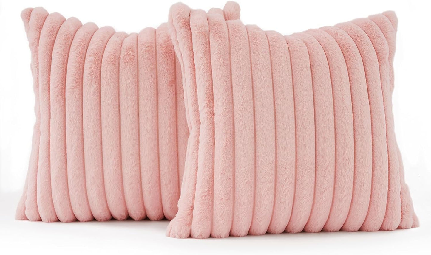 Faux Fur Cushion Covers - Chunky Embossed Flannel with Hidden Zipper - Pink, 45cm x 45cm (Pack of 2)