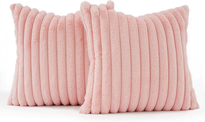 Faux Fur Cushion Covers - Chunky Embossed Flannel with Hidden Zipper - Pink, 45cm x 45cm (Pack of 2)