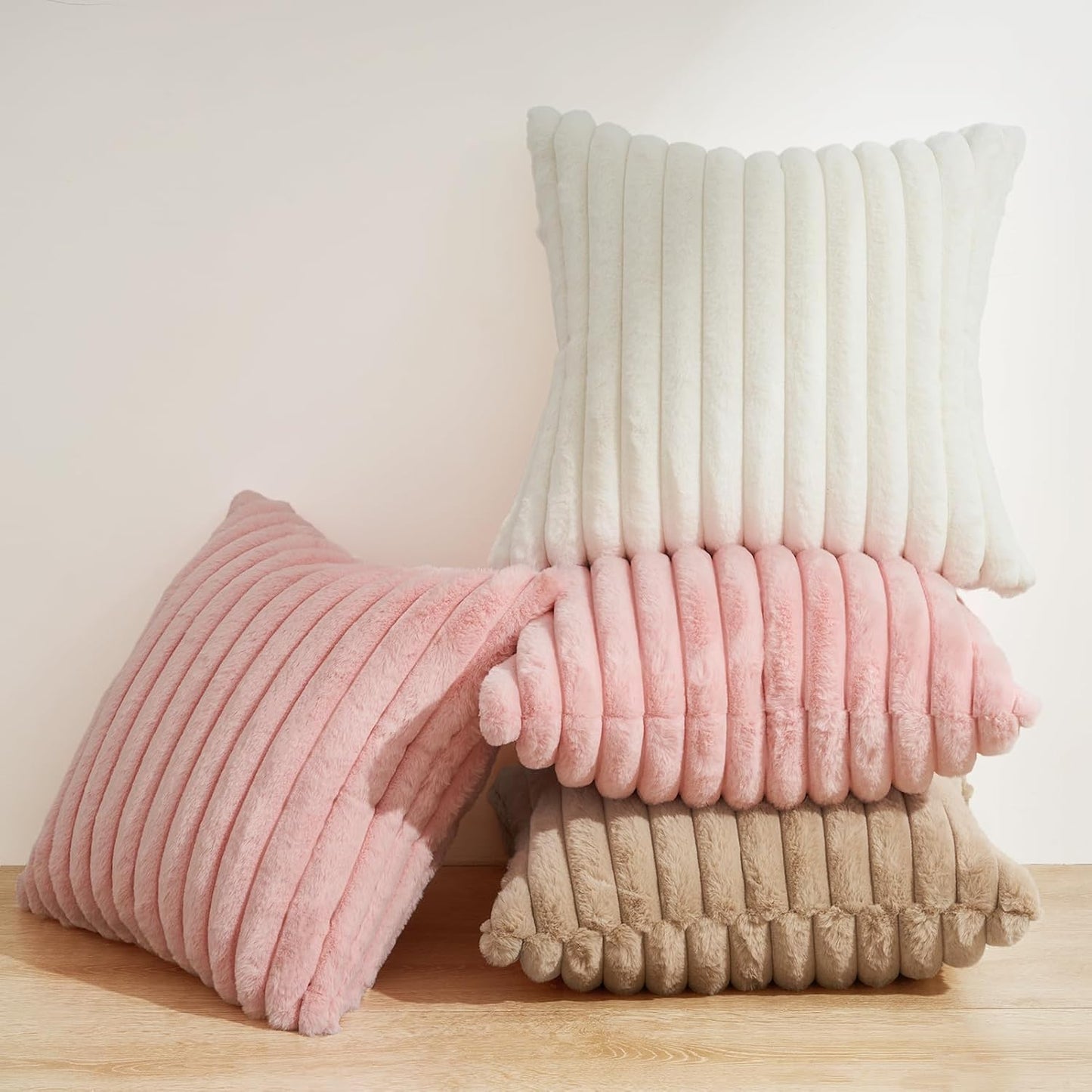 Faux Fur Cushion Covers - Chunky Embossed Flannel with Hidden Zipper - Pink, 45cm x 45cm (Pack of 2)