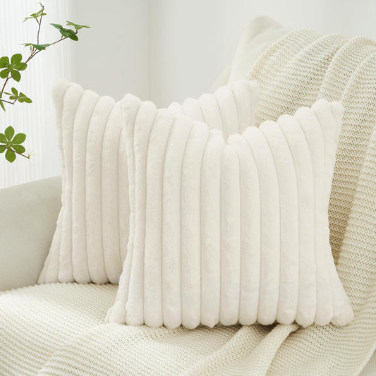 Faux Fur Cushion Covers - Chunky Embossed Flannel with Hidden Zipper - Snow, 45cm x 45cm (Pack of 2)