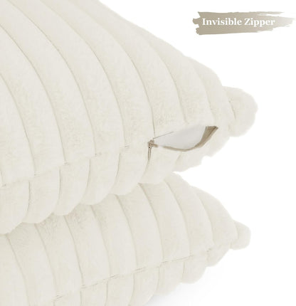 Faux Fur Cushion Covers - Chunky Embossed Flannel with Hidden Zipper - Snow, 45cm x 45cm (Pack of 2)