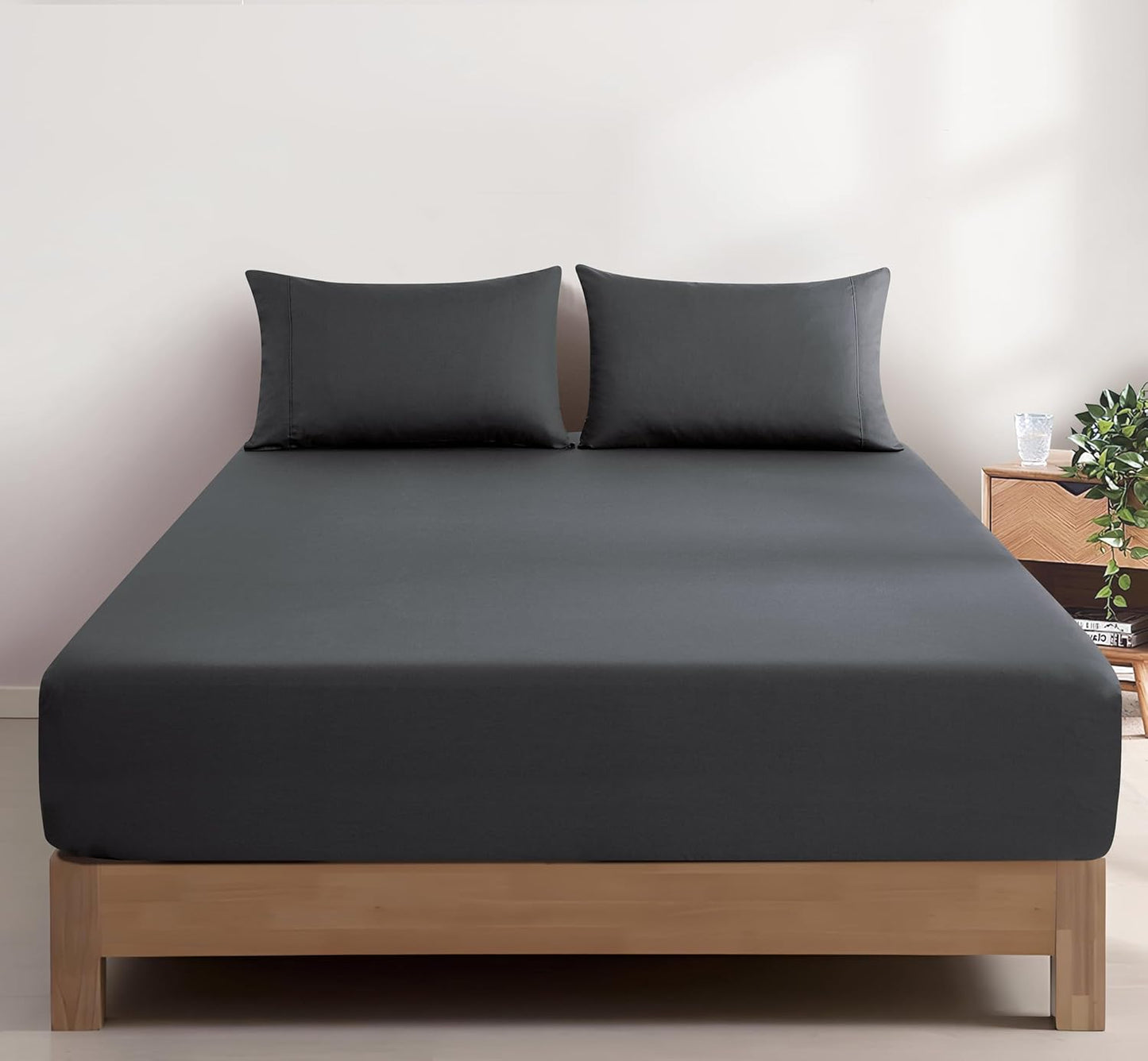 100% Vintage Washed Cotton Fitted Sheet Combo Set – 100% Natural Cotton, Ultra Soft & Breathable – Includes Fitted Sheet & Pillowcases – Machine Washable (Charcoal, King Single)