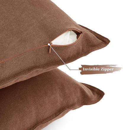 Linen Cushion Covers - 30% Linen 70% Cotton Blend, Soft & Breathable with Hidden Zipper Design - Cocoa Brown, 45cm x 45cm (Twin Pack)