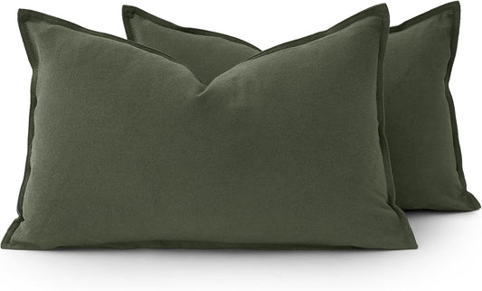 Linen Cushion Covers - 30% Linen 70% Cotton Blend, Soft & Breathable with Hidden Zipper Design - Khaki Green, 30cm x 50cm (Twin Pack)