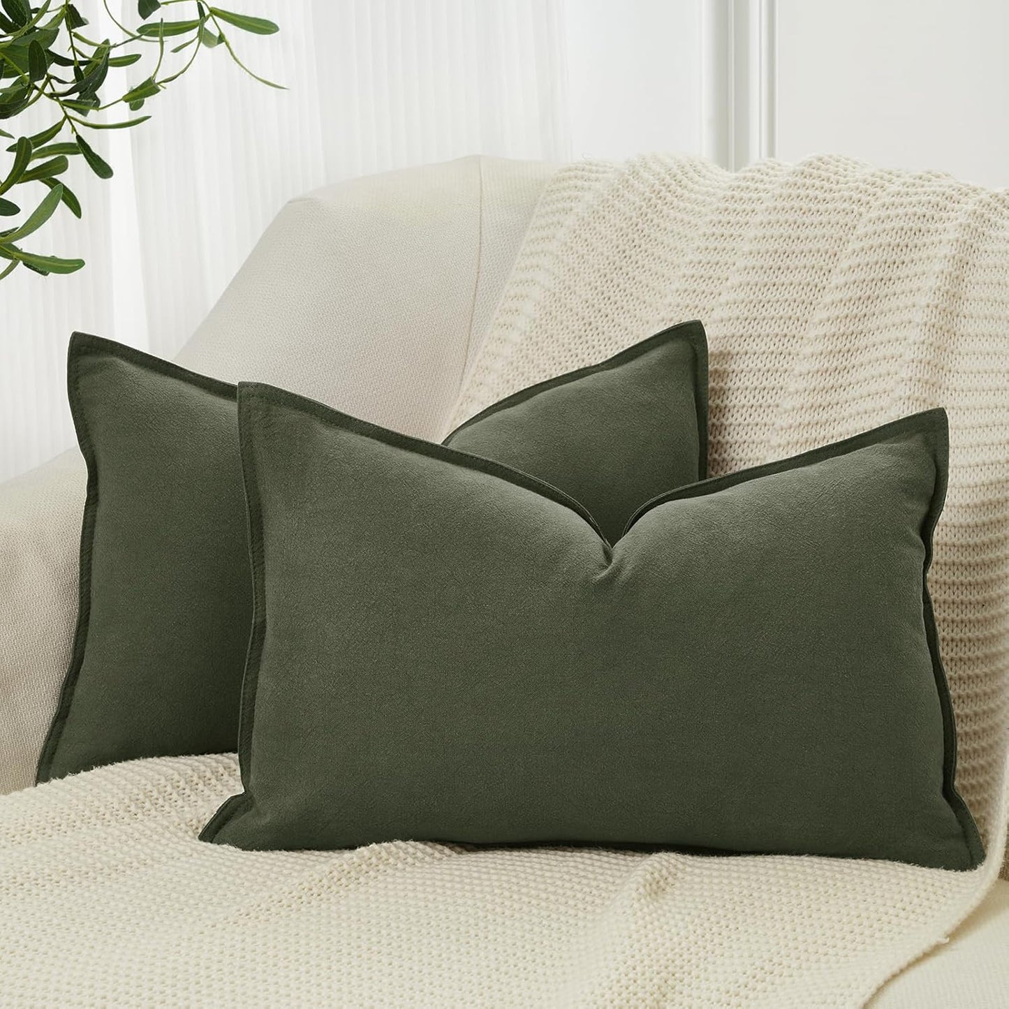 Linen Cushion Covers - 30% Linen 70% Cotton Blend, Soft & Breathable with Hidden Zipper Design - Khaki Green, 30cm x 50cm (Twin Pack)