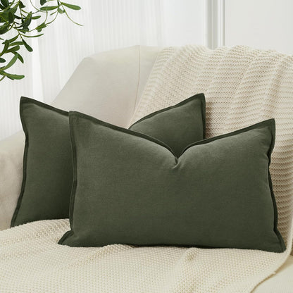Linen Cushion Covers - 30% Linen 70% Cotton Blend, Soft & Breathable with Hidden Zipper Design - Khaki Green, 30cm x 50cm (Twin Pack)