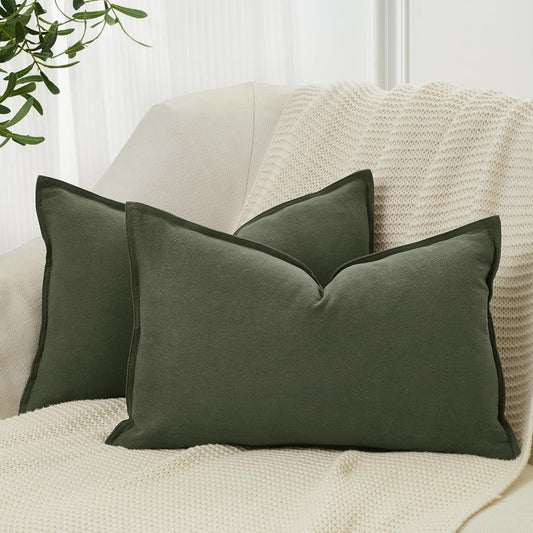 Linen Cushion Covers - 30% Linen 70% Cotton Blend, Soft & Breathable with Hidden Zipper Design - Khaki Green, 30cm x 50cm (Twin Pack)
