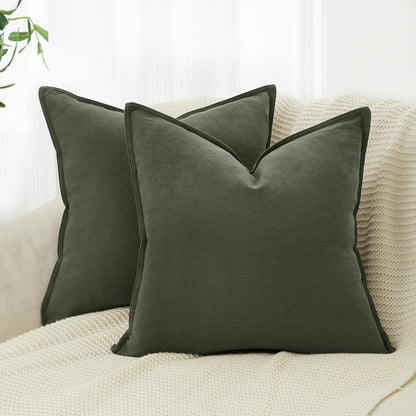 Linen Cushion Covers - 30% Linen 70% Cotton Blend, Soft & Breathable with Hidden Zipper Design - Khaki Green, 45cm x 45cm (Twin Pack)