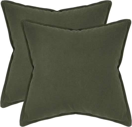 Linen Cushion Covers - 30% Linen 70% Cotton Blend, Soft & Breathable with Hidden Zipper Design - Khaki Green, 45cm x 45cm (Twin Pack)