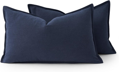Linen Cushion Covers - 30% Linen 70% Cotton Blend, Soft & Breathable with Hidden Zipper Design - Navy Blue, 30cm x 50cm (Twin Pack)