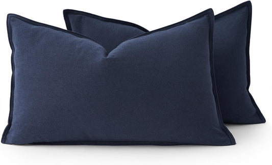 Linen Cushion Covers - 30% Linen 70% Cotton Blend, Soft & Breathable with Hidden Zipper Design - Navy Blue, 30cm x 50cm (Twin Pack)