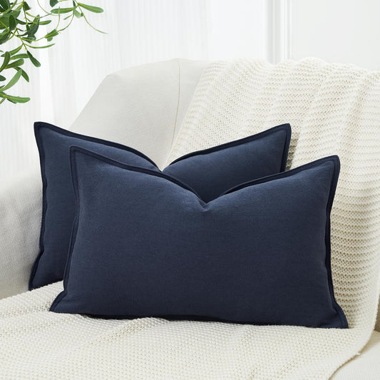 Linen Cushion Covers - 30% Linen 70% Cotton Blend, Soft & Breathable with Hidden Zipper Design - Navy Blue, 30cm x 50cm (Twin Pack)