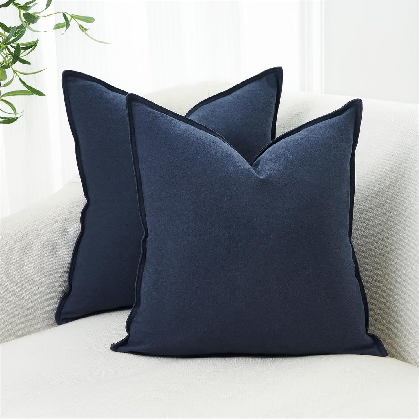 Linen Cushion Covers - 30% Linen 70% Cotton Blend, Soft & Breathable with Hidden Zipper Design - Navy Blue, 45cm x 45cm (Twin Pack)