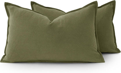 Linen Cushion Covers - 30% Linen 70% Cotton Blend, Soft & Breathable with Hidden Zipper Design - Olive Green, 30cm x 50cm (Twin Pack)